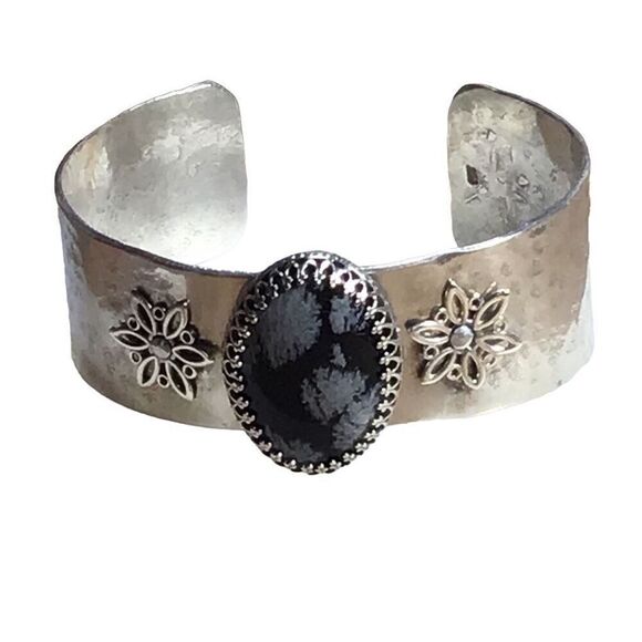 Bracelet, Snowflake Obsidian and Sterling Silver Cuff Bracelet, NEW, Handmade, A - Picture 1 of 8